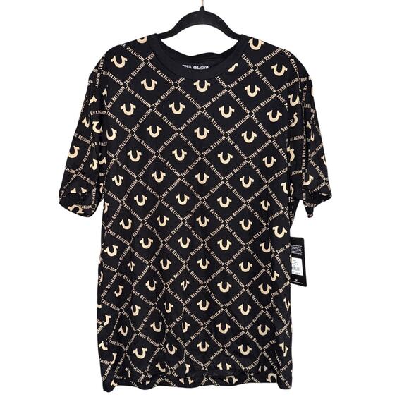 True Religion Men's All Over Print Logo Crew Tee Black Size Extra Large XL New - Picture 1 of 5